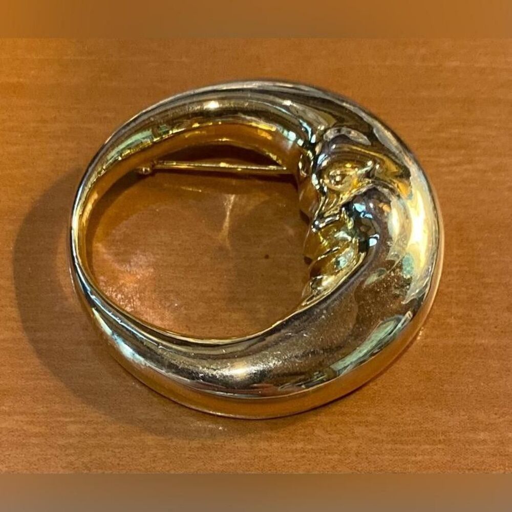 Gold Tone Crescent Moon Face Brooch Pin Round Celestial Horoscope 2”